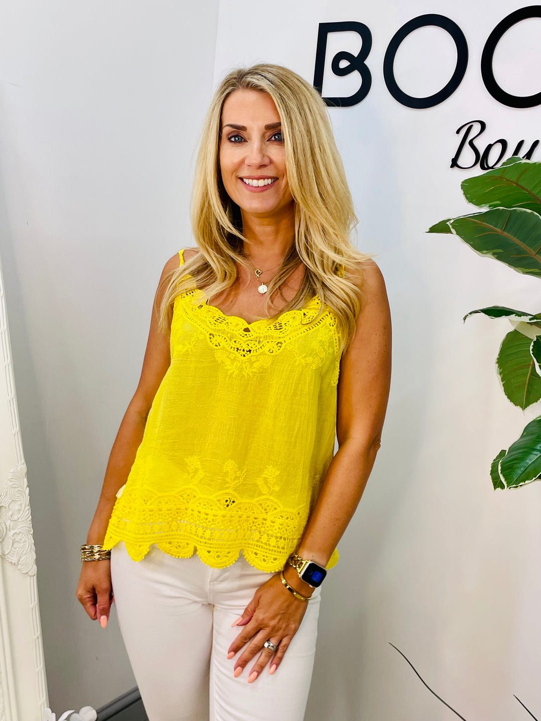 LADIES PRETTY CROCHET LACE CAMI TOP - YELLOW, PINK, WHITE, TURQUOISE, LIME & ORANGE
