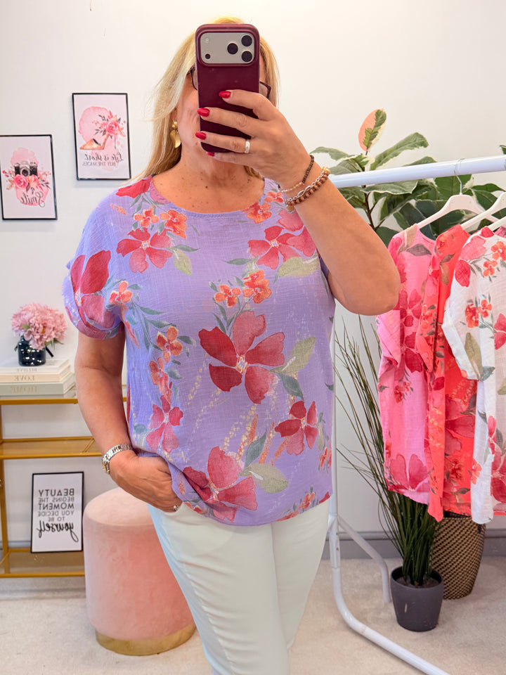 Ladies Flower Print Linen Casual Top - White, Pink, Lilac & Coral