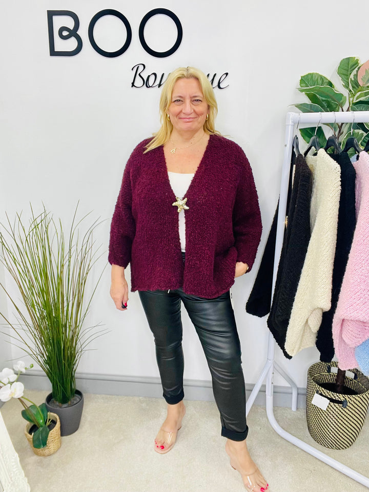 LADIES POPCORN KNIT CARDIGAN - BLACK, BURGUNDY, BROWN, BEIGE, BLUE & PINK