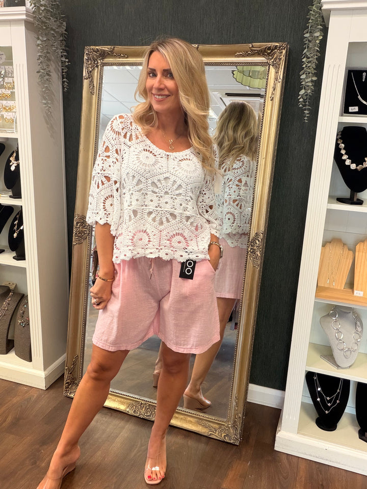 Ladies Linen Cotton Summer Shorts - Denim Blue, Pink, White & Black
