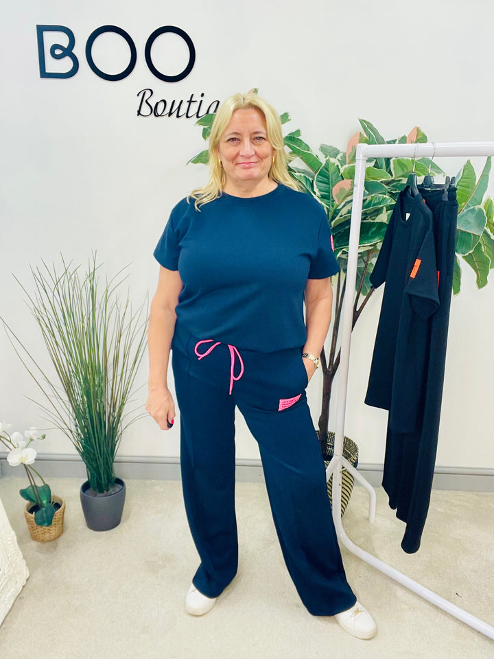 LADIES STRAIGHT LEG TROUSER TRAVELLING CO ORD SET - BLACK AND NAVY