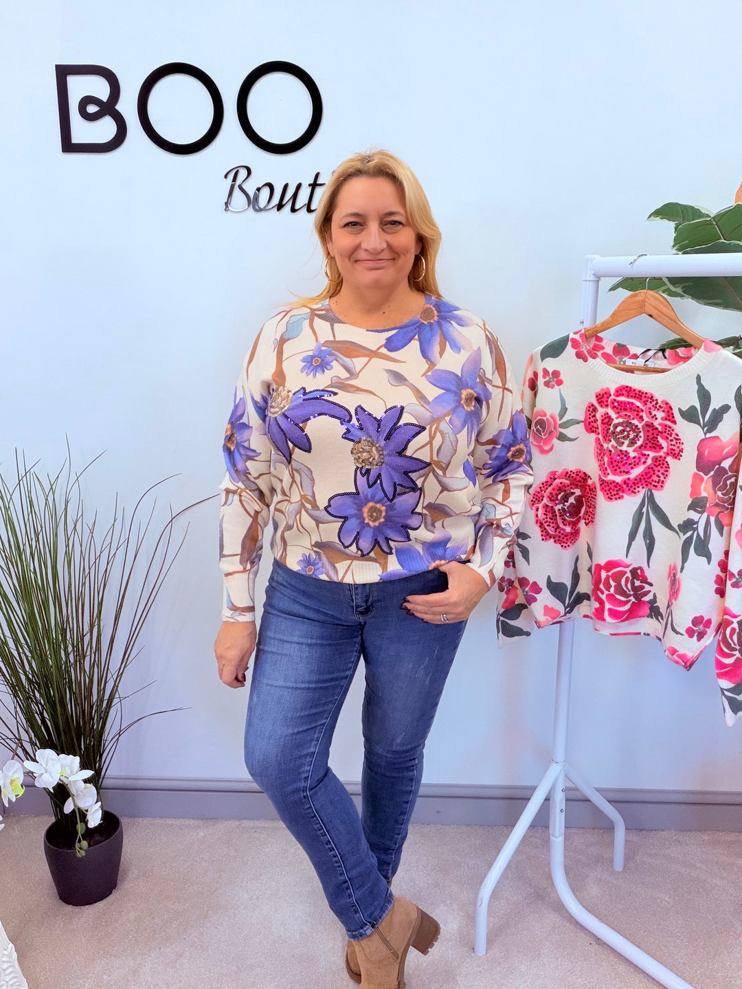 LADIES CREAM & PURPLE SEQUIN FLOWER JUMPER