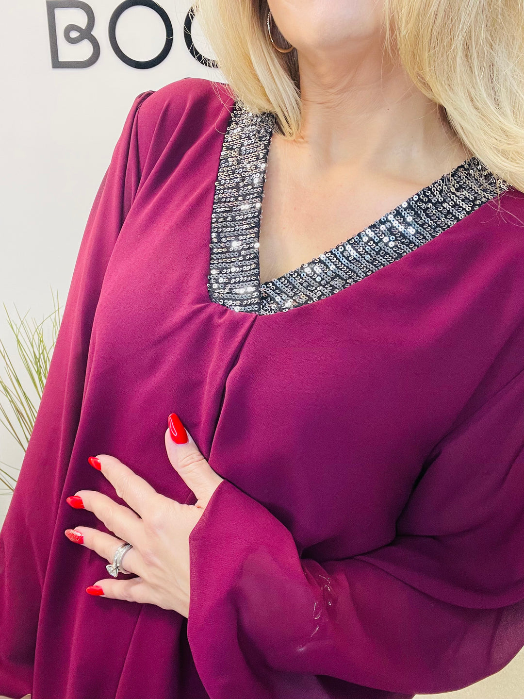 LADIES CHIFFON FLOATY SEQUIN PARTY TOP - BROWN, BLACK, BERRY