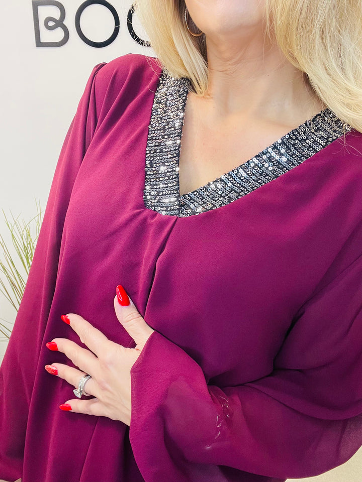 LADIES CHIFFON FLOATY SEQUIN PARTY TOP - BROWN, BLACK, BERRY