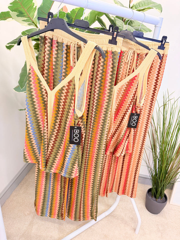 Ladies Fashion Zig Zag Print Wide Leg Trouser Co Ord Set - Khaki & Brown