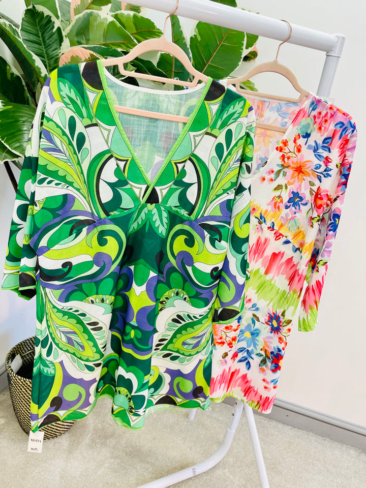 LADIES WOMENS BEACH DAY SUMMER DRESS - RETRO GREEN & FLORAL PRINT