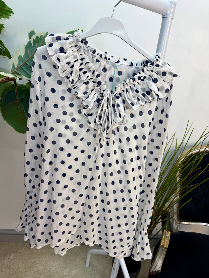 Ladies Fashion White Cotton Polka Dot Pretty Blouse - pink & navy