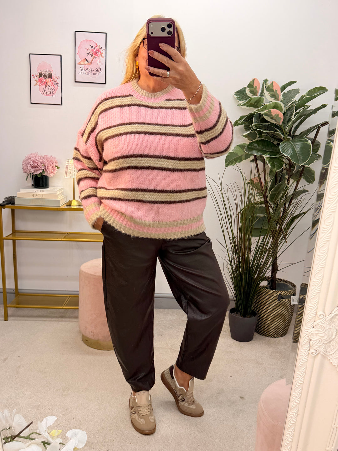 Ladies Fashion Pink Brown Cream Stripe Jumper