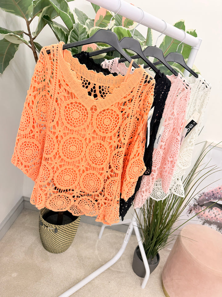 Ladies Fashion Crochet Top - White, Coral, Black, Pink