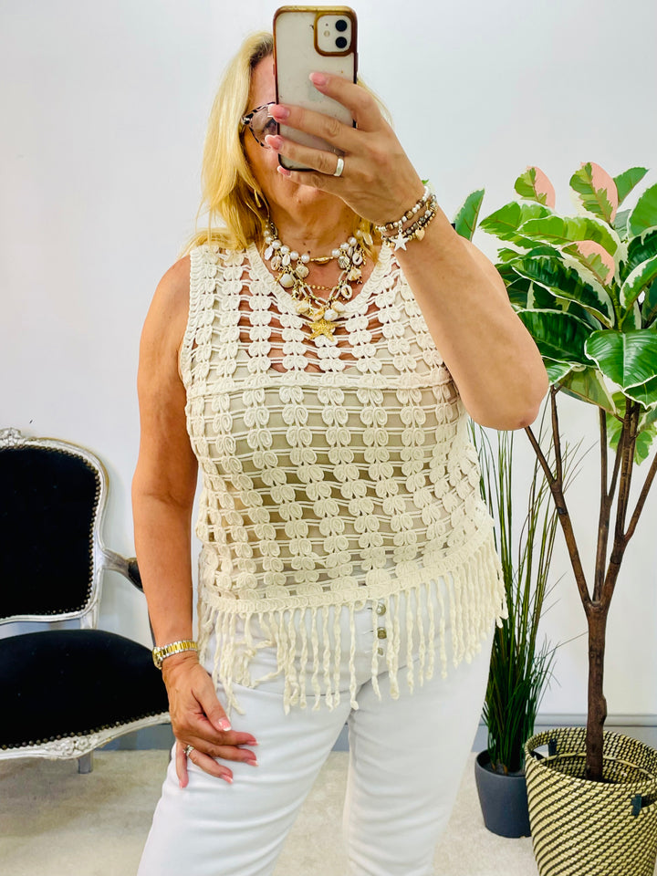 LADIES SLEEVELESS CROCHET TANK TOP - WHITE & BEIGE