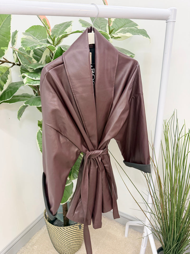 Womens fashion kimono faux leather wrap jacket - plum, black & brown