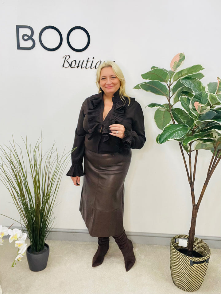 LADIES BROWN FAUX LEATHER PLEATHER MIDI SKIRT