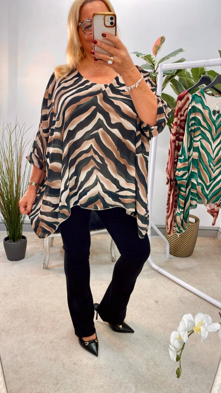 LADIES ZEBRA PRINT CHIFFON FLOATY TOP BLOUSE - GREEN, BLACK & BURGUNDY