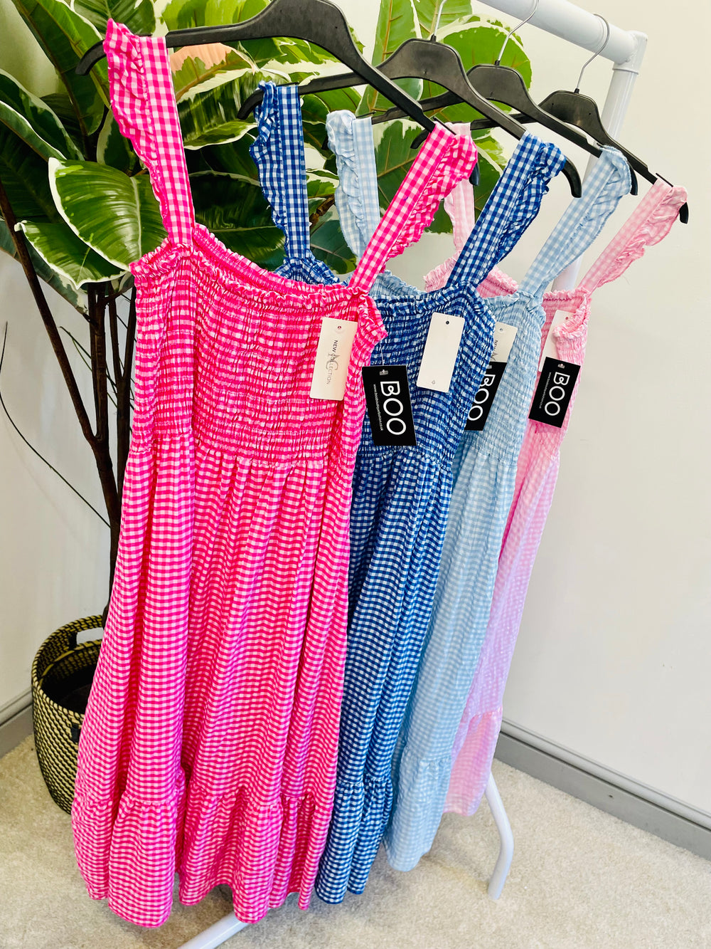 LADIES PRETTY GINGHAM CHECK SUMMER SUN DRESS - PINK, ROYAL BLUE, BABY BLUE, FUSCHIA