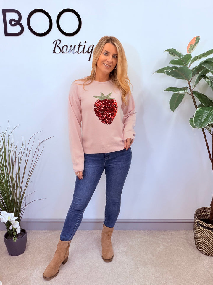 LADIES SEQUIN STRAWBERRY JUMPER - LEMON & PINK