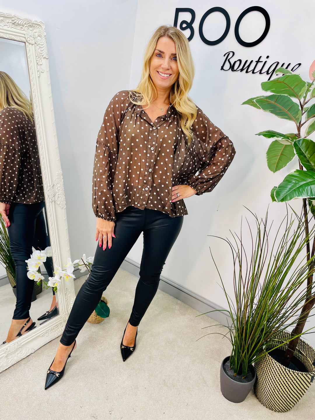 LADIES POLKA DOT LOOSE FIT BLOUSE TOP - BEIGE, BLACK & BROWN