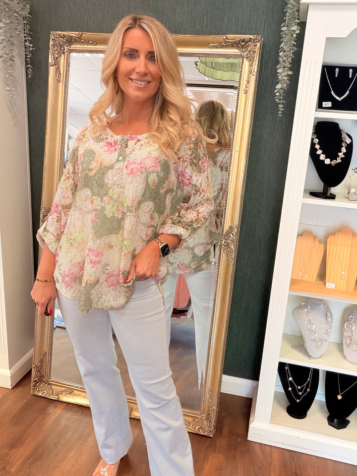 Ladies Lace Grandad Top - Khaki, Pink, Beige & White