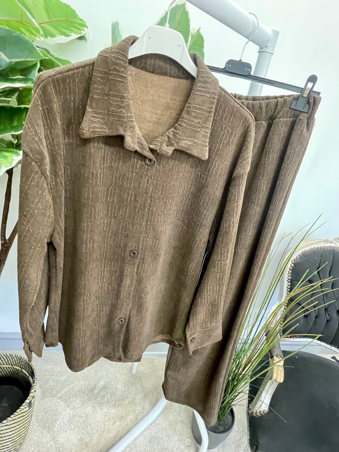 LADIES STRAIGHT LEG TROUSER & JACKET CO ORD SET CHOCOLATE BROWN