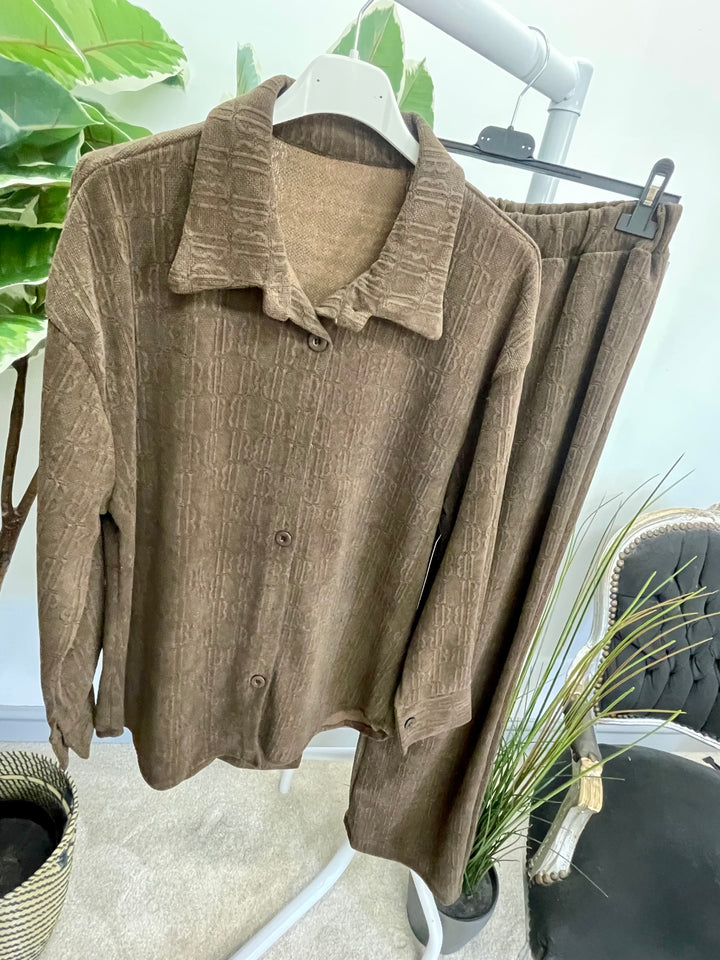 LADIES STRAIGHT LEG TROUSER & JACKET CO ORD SET CHOCOLATE BROWN