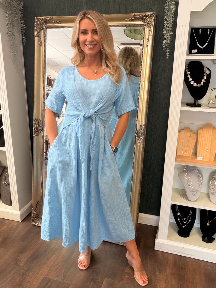 Ladies Cheesecloth Summer Midi Dress - Lemon, Khaki, Coral, White, Lemon, Blue