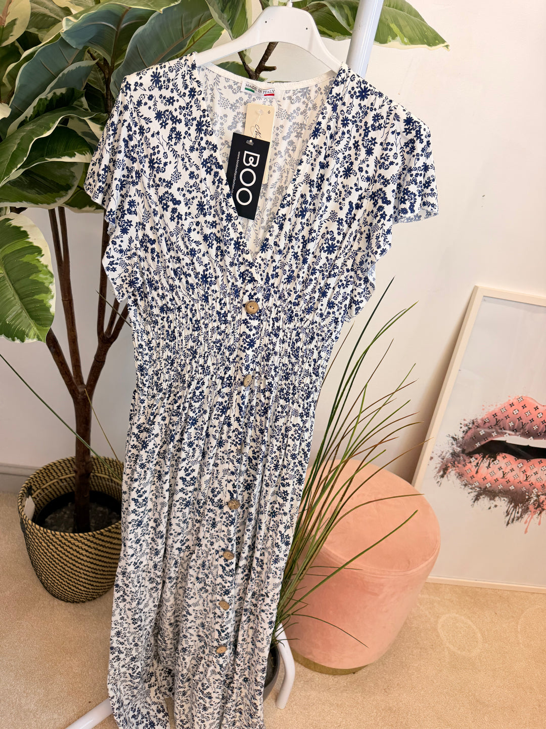 Ladies Fashion Daisy Print Midi Day Dress - Blue, Navy, Pink, Red