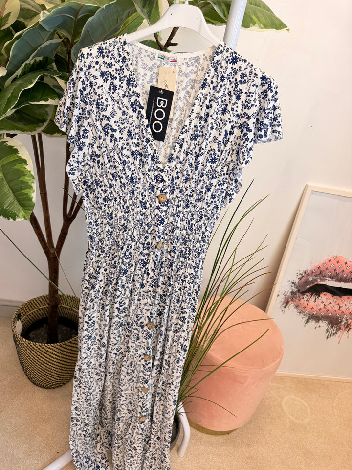 Ladies Fashion Daisy Print Midi Day Dress - Blue, Navy, Pink, Red