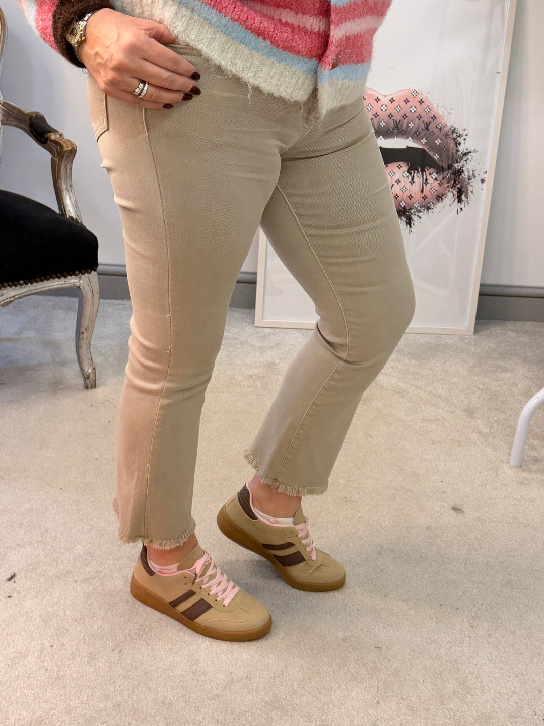 Ladies Fashion Beige Ankle Grazer Jeans