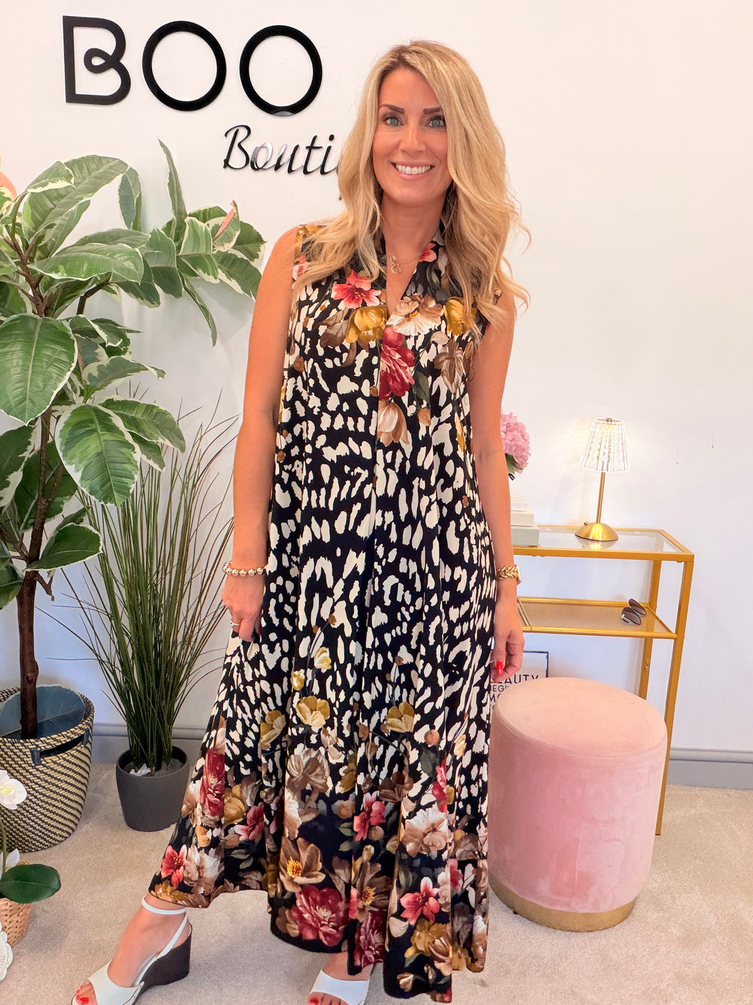 Ladies Animal Print Summer Maxi Dress - Black, White
