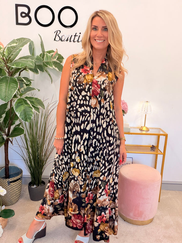 Ladies Animal Print Summer Maxi Dress - Black, White
