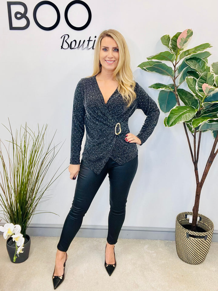 LADIES LUREX WRAP STYLE TOP - BLACK, SILVER, RED