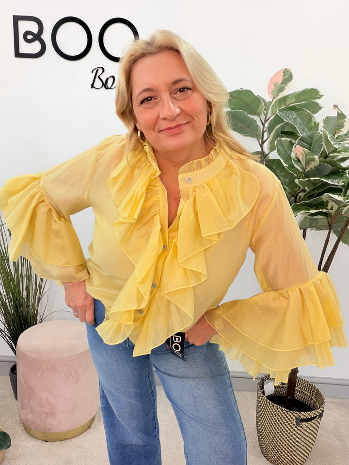 Ladies Fashion Sheer Ruffle Front Blouse Top - white, pink, blue, sage, lemon