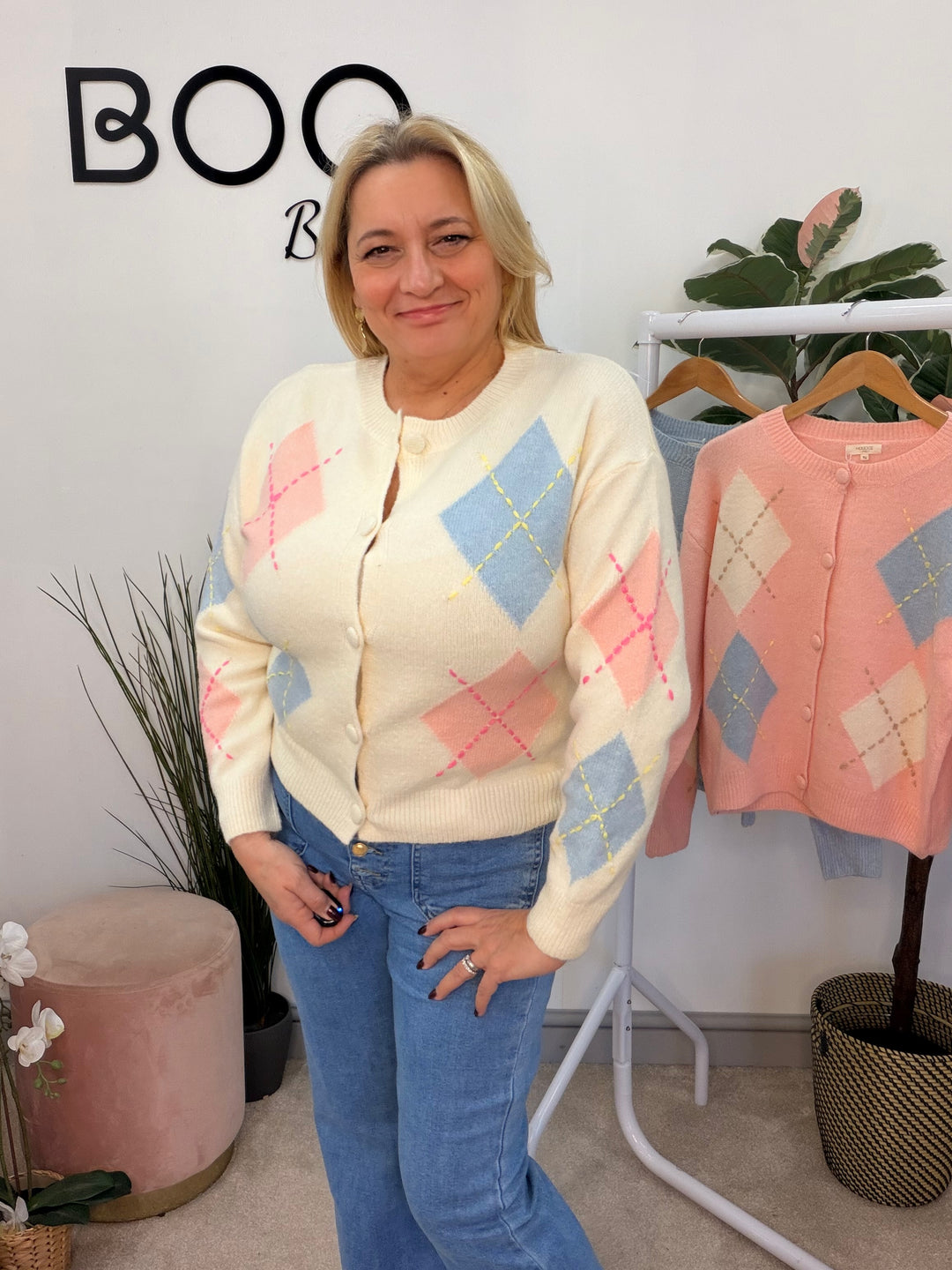 Ladies Fashion Diamond Argyle Cardigan - pink, blue & cream