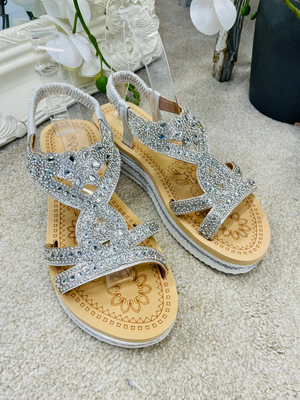 LADIES SILVER DIAMANTE SPARKLY SUMMER SANDALS