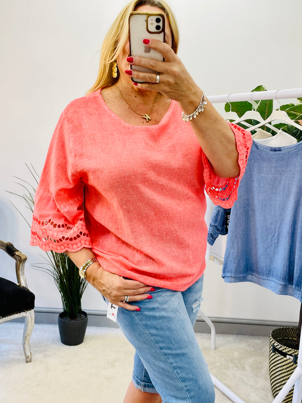LADIES SUMMER LACE SLEEVE TOP - BLUE, CORAL, WHITE, BEIGE