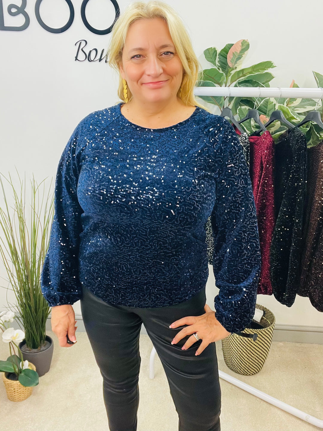 LADIES SEQUIN BOW BACK PARTY TOP - BROWN, BLACK, NAVY, BERRY & SILVER