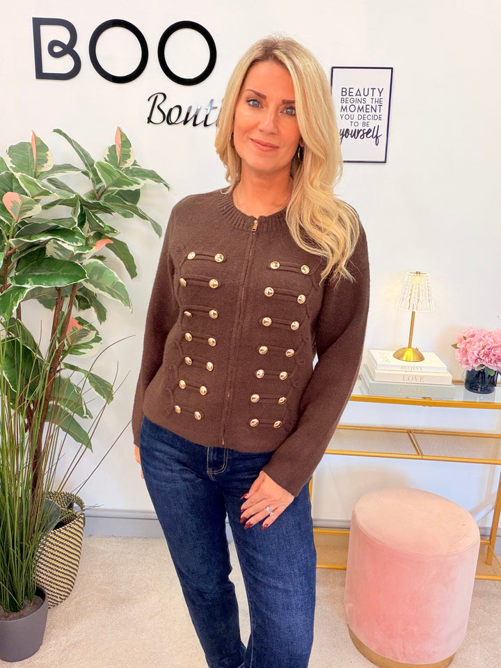 Womens military knitted zip up cardigan - black and brown 