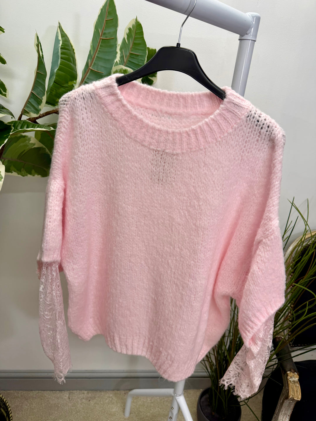 LADIES FASHION CHUNKY KNIT LACE SLEEVE JUMPER - PINK, BLUE, BEIGE, BLACK & BROWN