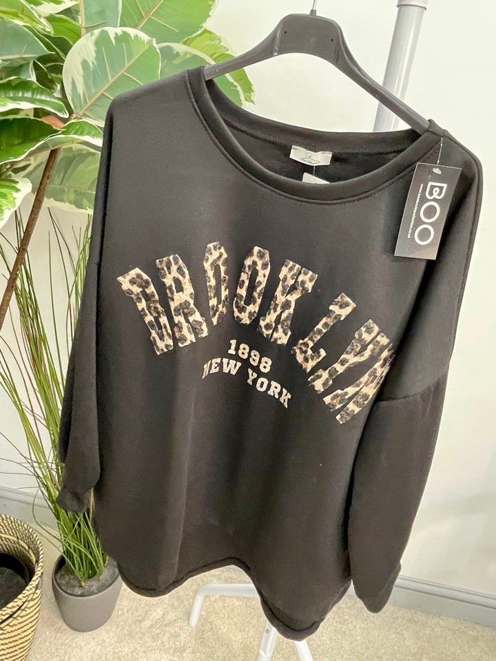 LADIES SCUBA LEOPARD SWEATSHIRT TOP - BLACK, BROWN & BEIGE