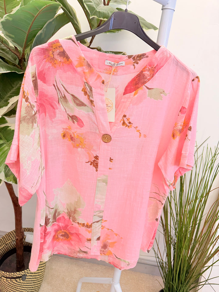 Ladies Fashion Light Linen Flower Print Grandad Shirt Top - Pink, Blue, White & Lemon