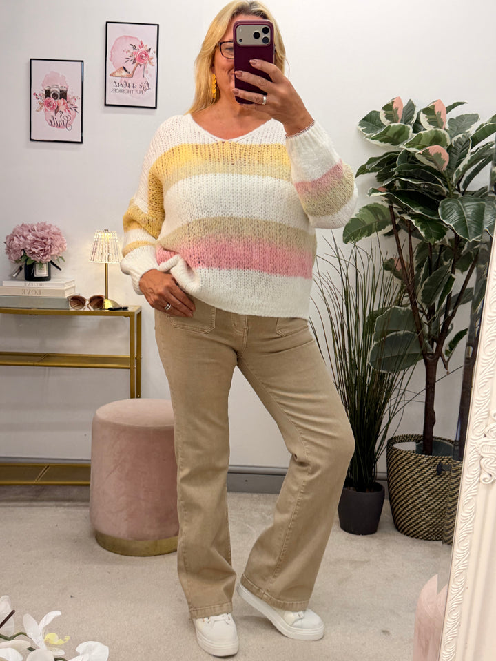 Ladies Fashion Beige Wide Leg High Waist Jeans