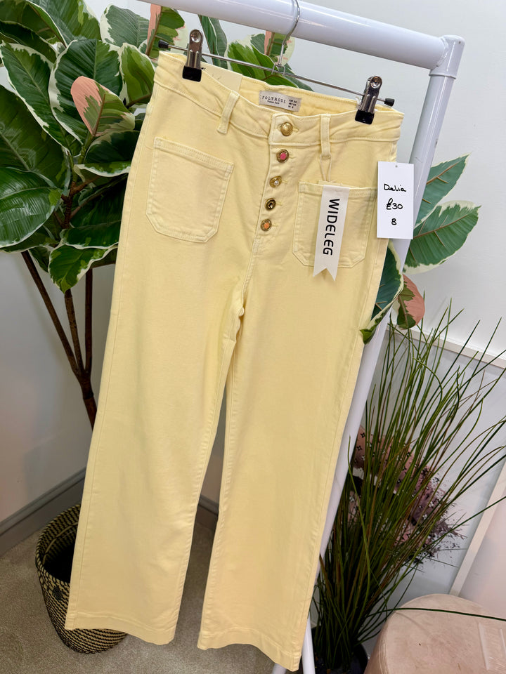 LADIES FASHION LEMON YELLOW HIGH WAIST WIDE LEG JEANS