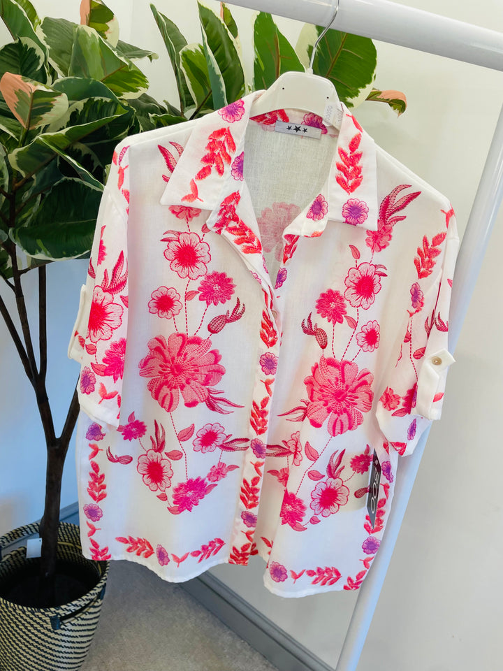 LADIES WOMENS FLORAL PRINT LINEN KIMONO TOP JACKET - PINK & BLUE