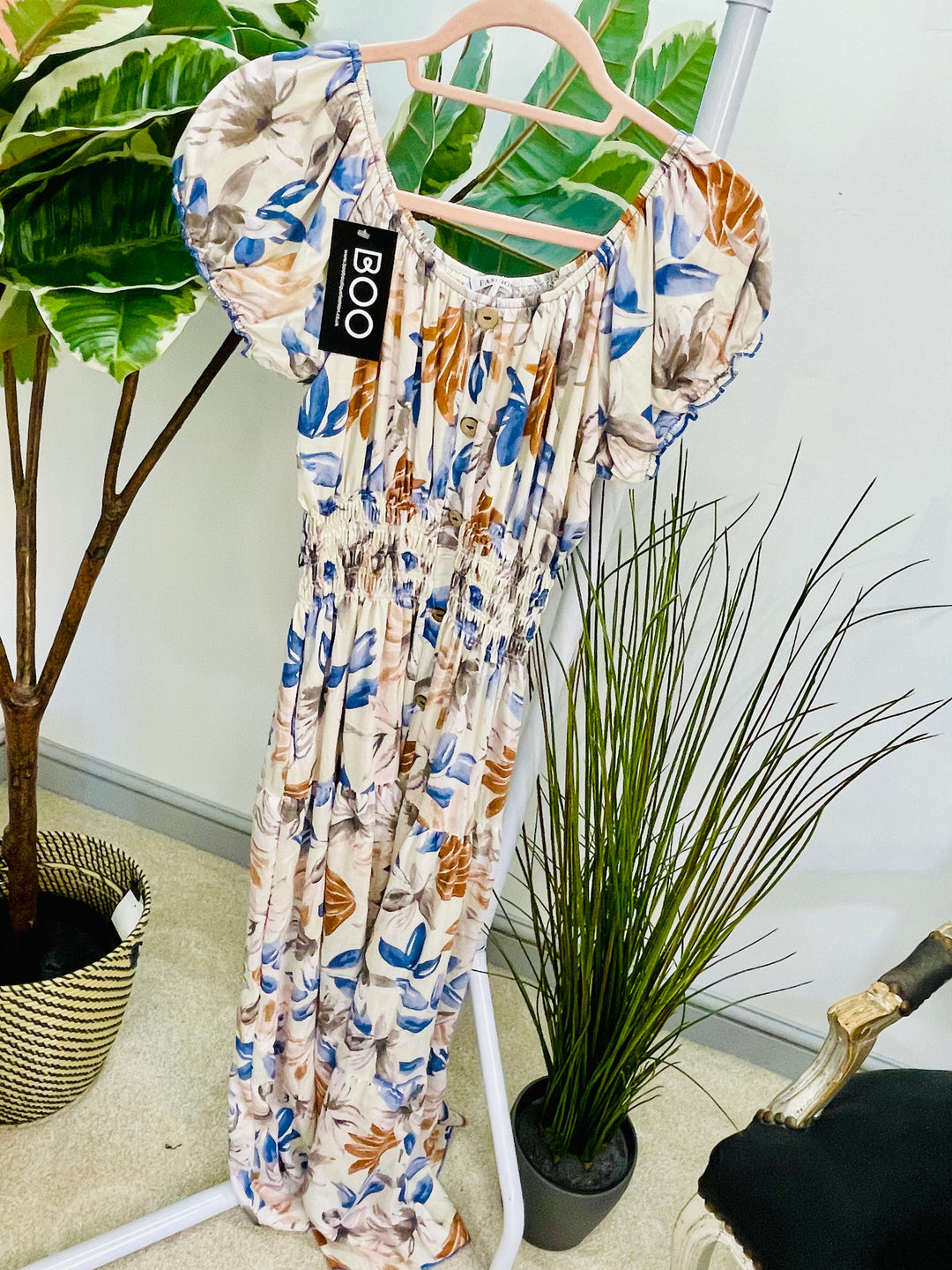 LADIES FLATTERING FLORAL PRINT SUMMER MAXI DRESS - PINK, CREAM & BLUE