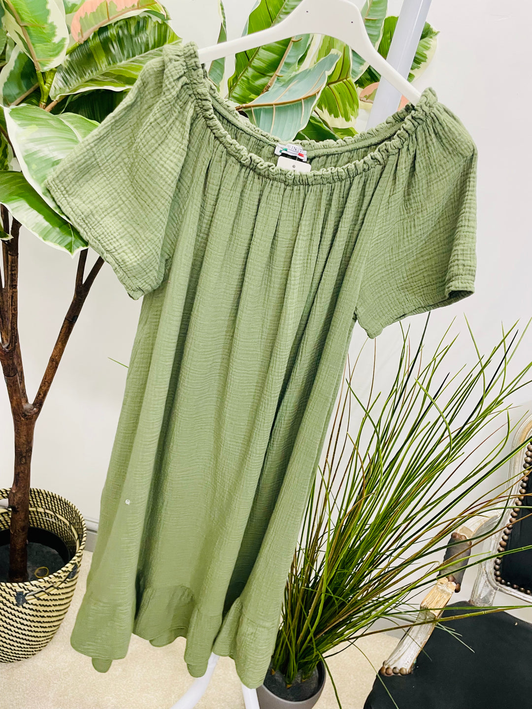 LADIES CHEESECLOTH SUMMER BARDOT MIDI DRESS - NAVY, WHITE, KHAKI, PINK, BLUE