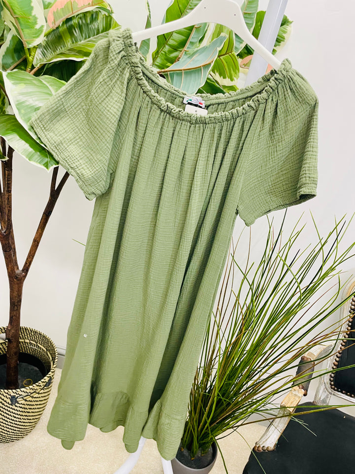 LADIES CHEESECLOTH SUMMER BARDOT MIDI DRESS - NAVY, WHITE, KHAKI, PINK, BLUE
