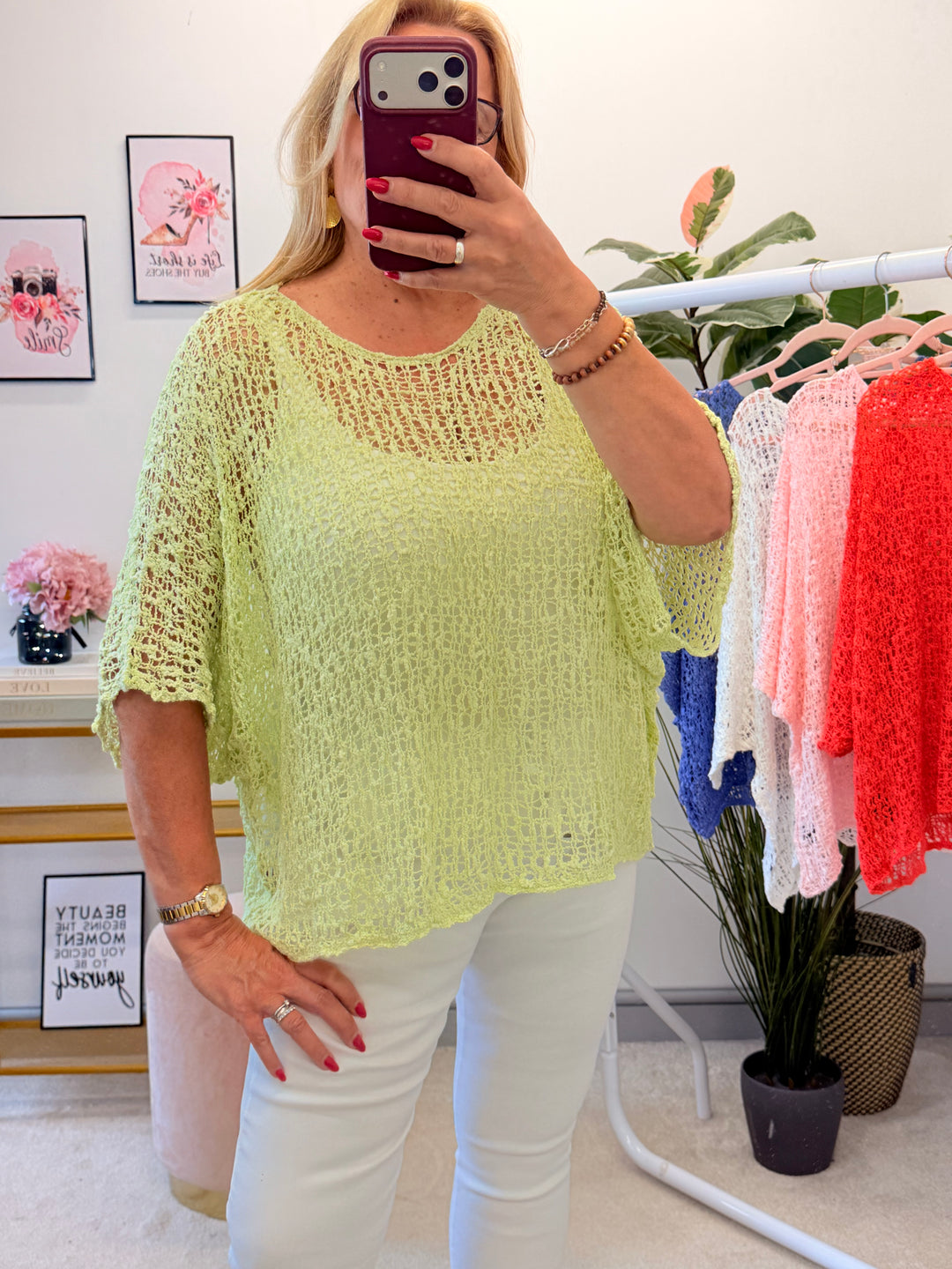 Ladies Oversize Crochet Poncho Top - Lime, White, Blue, Pink & Orange
