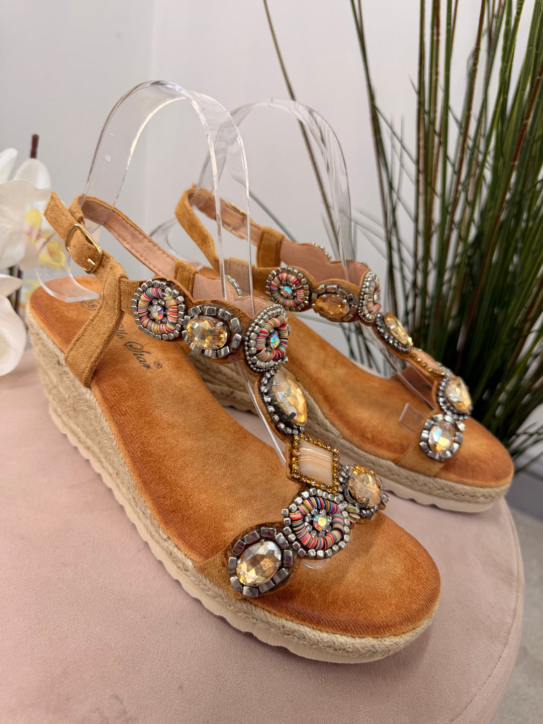 Ladies Fashion Camel Jewelled Mid Wedge Heel Sandals