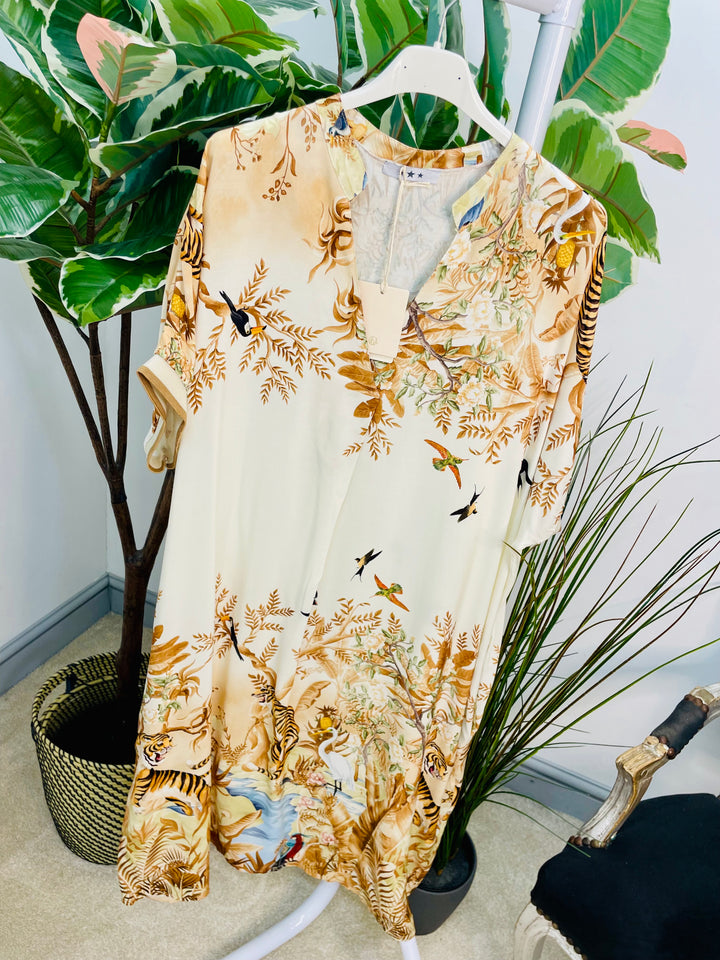 LADIES JUNGLE PRINT SUMMER LOOSE FIT SHIFT DRESS -  NAVY & BEIGE