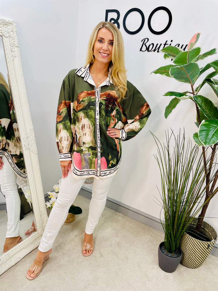 LADIES SATIN OVERSIZE AMALFI PRINT SHIRT - KHAKI & CREAM