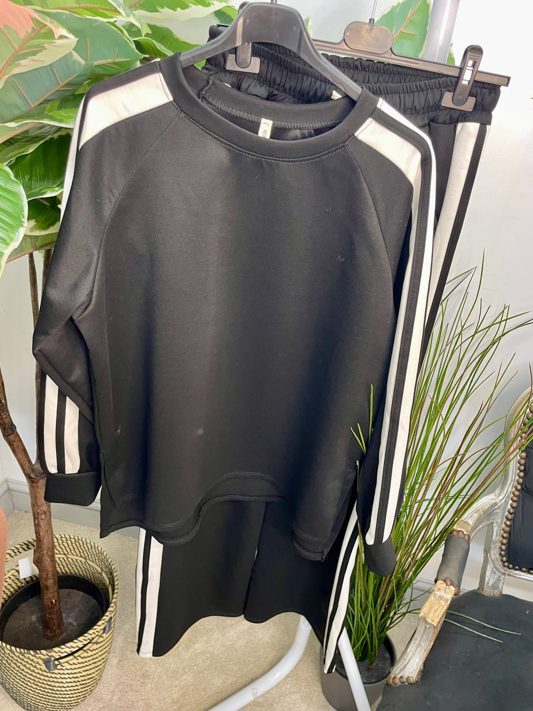 LADIES SPORTS LUXE STRIPE TROUSER CO ORD SET - BLACK, NAVY, KHAKI, MOCHA, BROWN